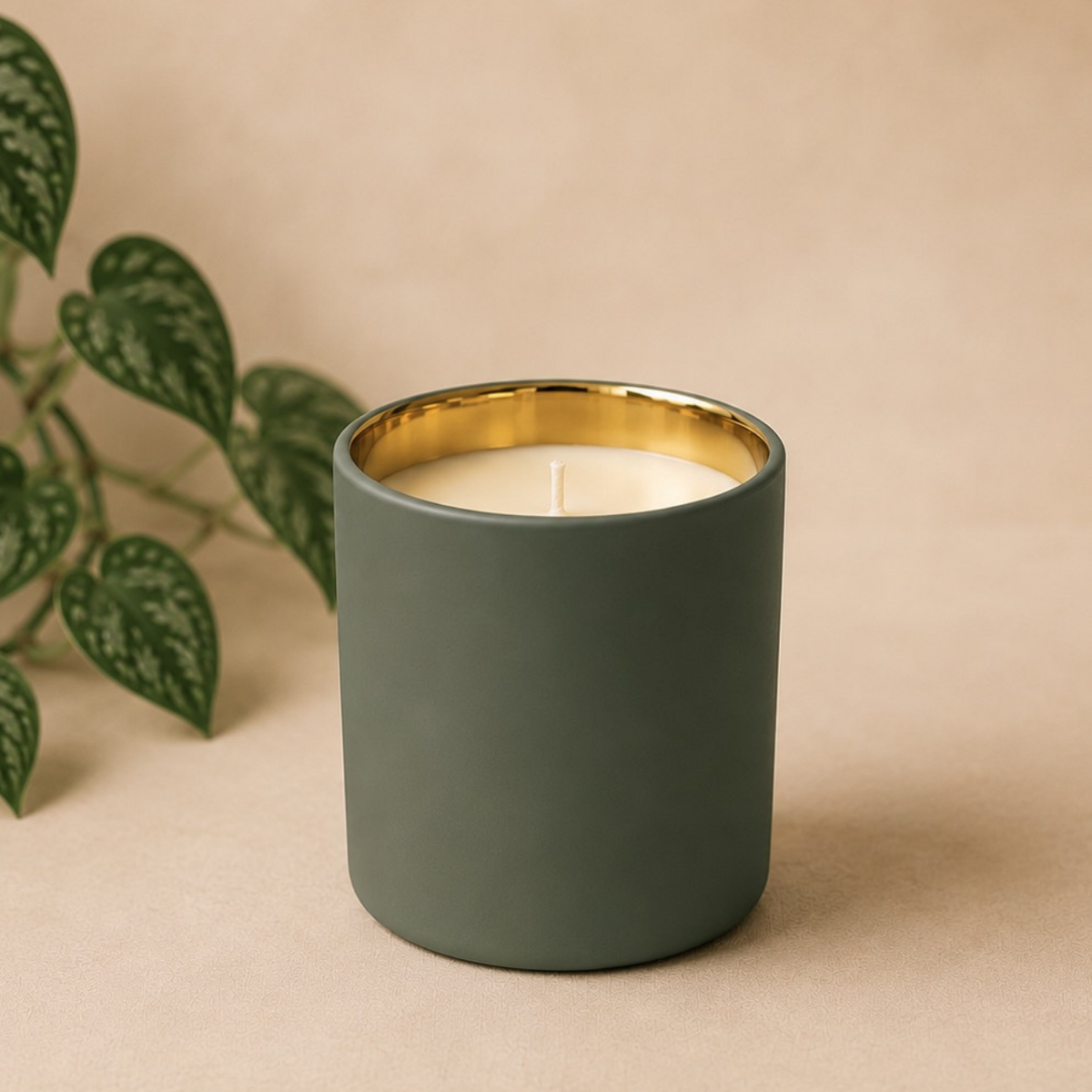 A matte forest green candle jar with a gold interior and coconut soy wax, styled on a beige background with a green leafy plant on the left.